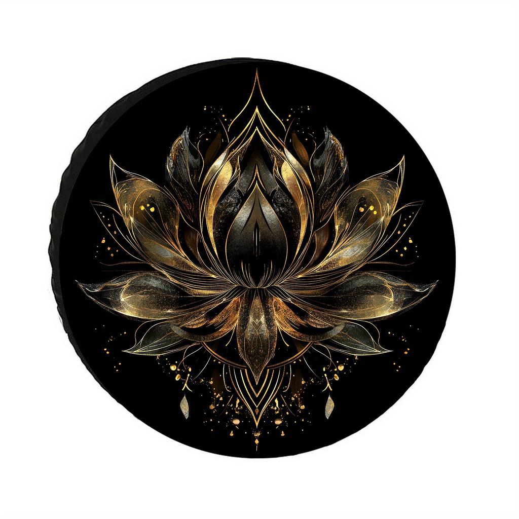 Golden For Lotus Tire Cover - Durable Polyester Fit Car Tire Protector With Elegant Black & Golden Floral Design, Tear-Resistant