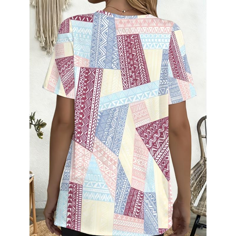 Women's Vintage T-Shirt - Short Sleeve Round Neck Top with Pockets Full-Body Patchwork