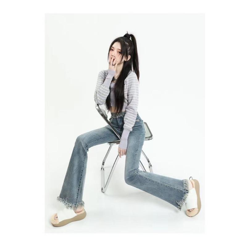 

Брюки-клеш с микро-клешами Джинсы для женщин Весна и осень Светлые расклешенные брюки с высокой талией и необработанными краями L