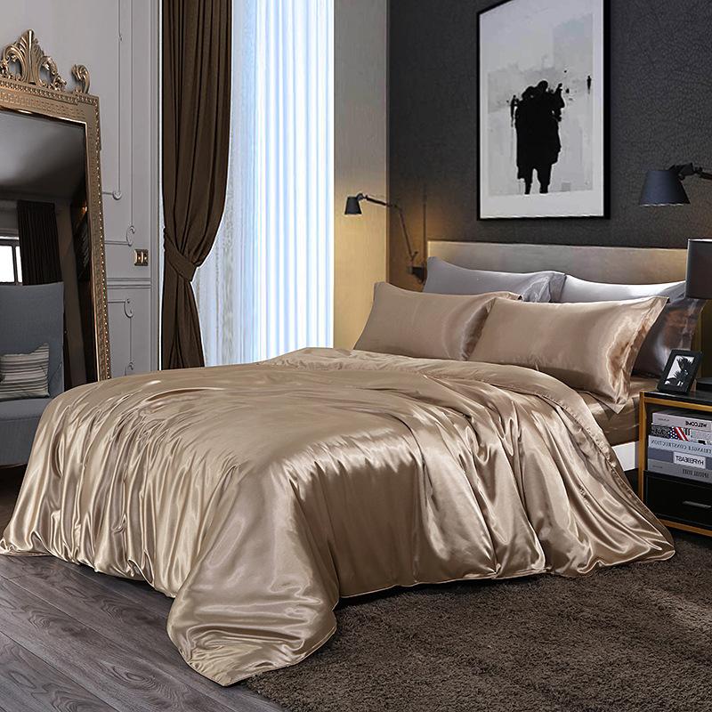 European Solid Color Mulberry Silk Bedding Sets Ice Silk Satin Cooling Bedclothes High Quality Skin-Friendly Smooth Duvet Kit