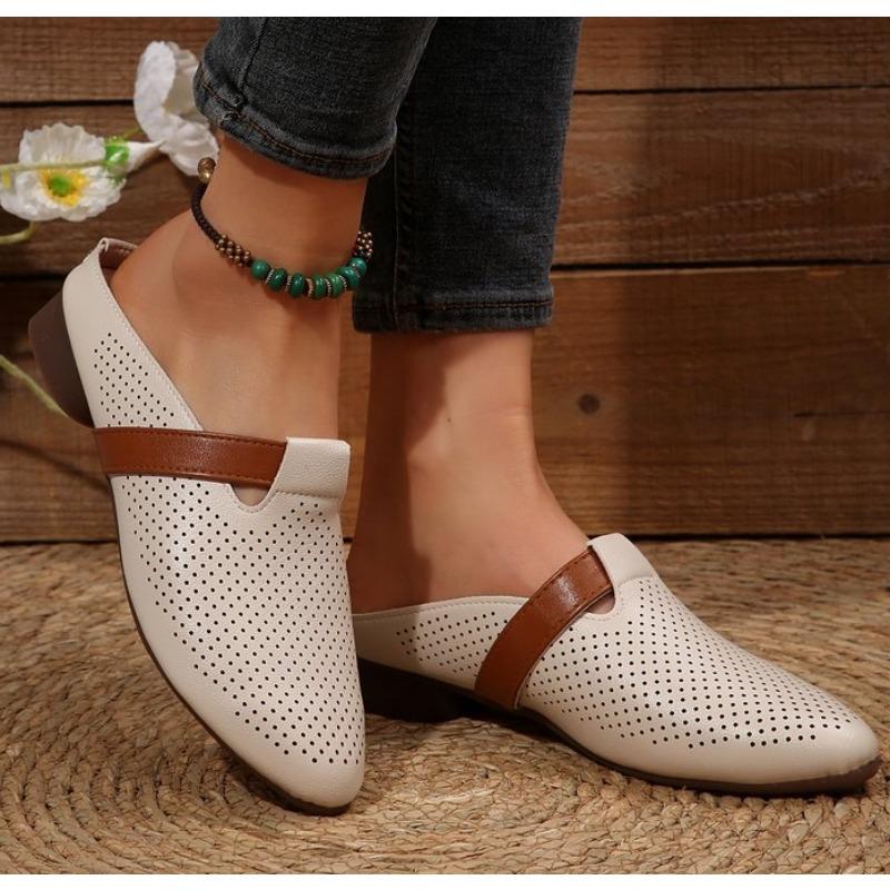 Fashion New Soft and Comfortable Leather Mid Heels Slides Women Slippers Hollow Out Summer Shoes Slip On Close Round Toe Flats Slippers