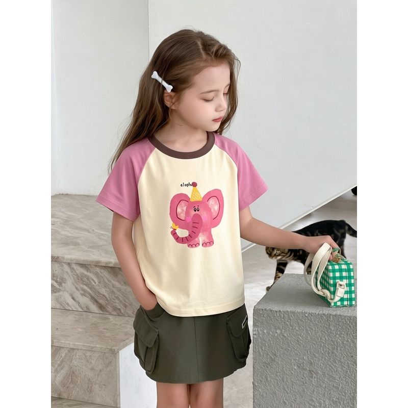 27Home Kidsren's Short-Sleeved T-Shirt Summer New Style Girls Baby Clothes Cartoon Elephant Print Top Pure Cotton