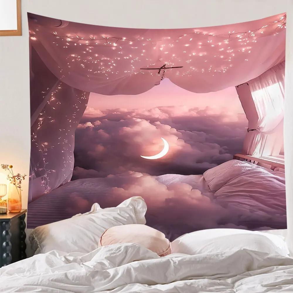 Pink Moon Scenery Tapestry Bohemian Wall Hanging Cloth Home Decoration Girls Bedroom Living Room Background Cloth