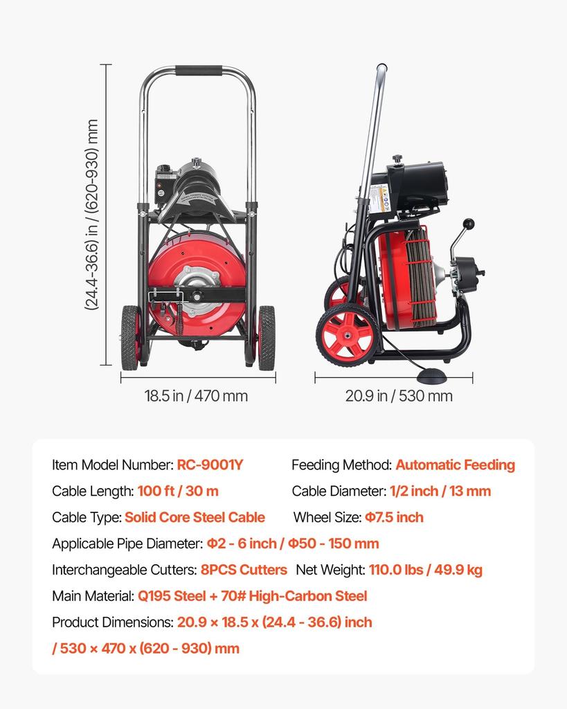 Drain Cleaner Machine 30m x 13mm, Auto Feed Sewer Snake Auger on Wheels - with 8 Cutters & Air-Activated Foot Switch for 50mm to 150mm Pipes