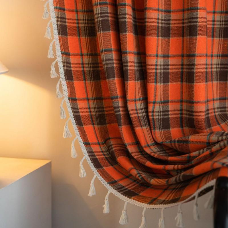 French Style Orange Checkered Cotton Linen Curtain Semi-Sheer Kitchen Dining Bay Window