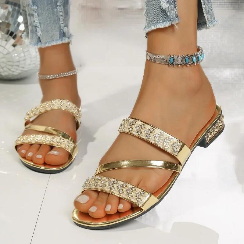 Fashion Slippers Women 2025 Plus Size Shoes Female Open Toe Women's Slippers Fashion Dress Crystal Butterfly Low Heel Sandals Pantuflas