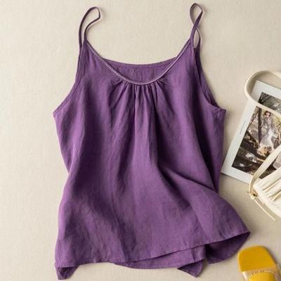 Sommer-Camisole Damen Baumwolle Leinen Unifarben Retro Dünn Locker Kurz Top