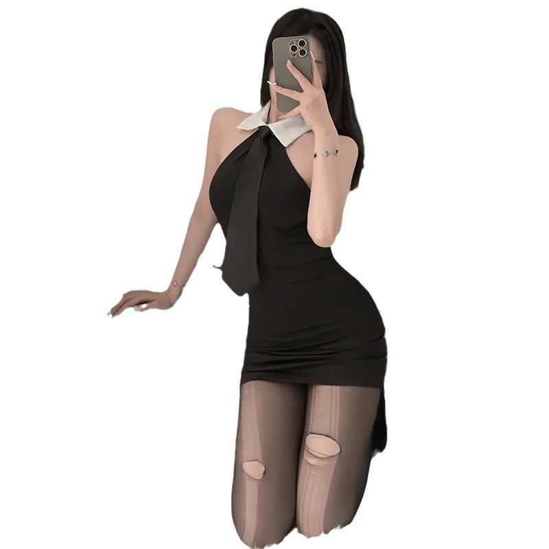 Erotic New French Style Sexy Lapel Backless Secretary Uniform Women Pure Desire Cinching Waist Slim Wrap Hip Short Dress