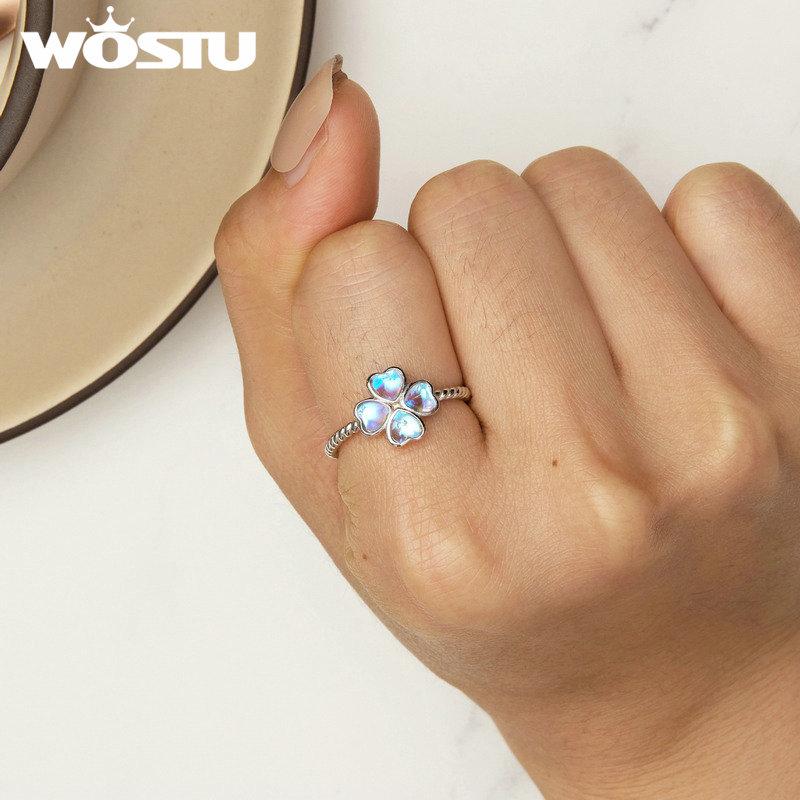 WOSTU 925 Sterling Silver Rainbow Moonstone Four Leaf Clover Ring Women Shiny Open Lucky Rings Girl Party Birthday Jewelry Gift