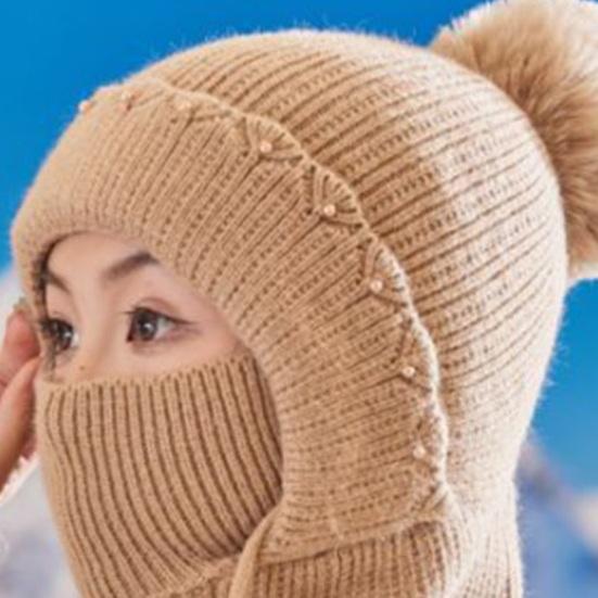 Women Windproof Knitted Hat with Fleece Lining 3-in-1 Hooded Scarf Cold Weather Skiing Hiking Headgear