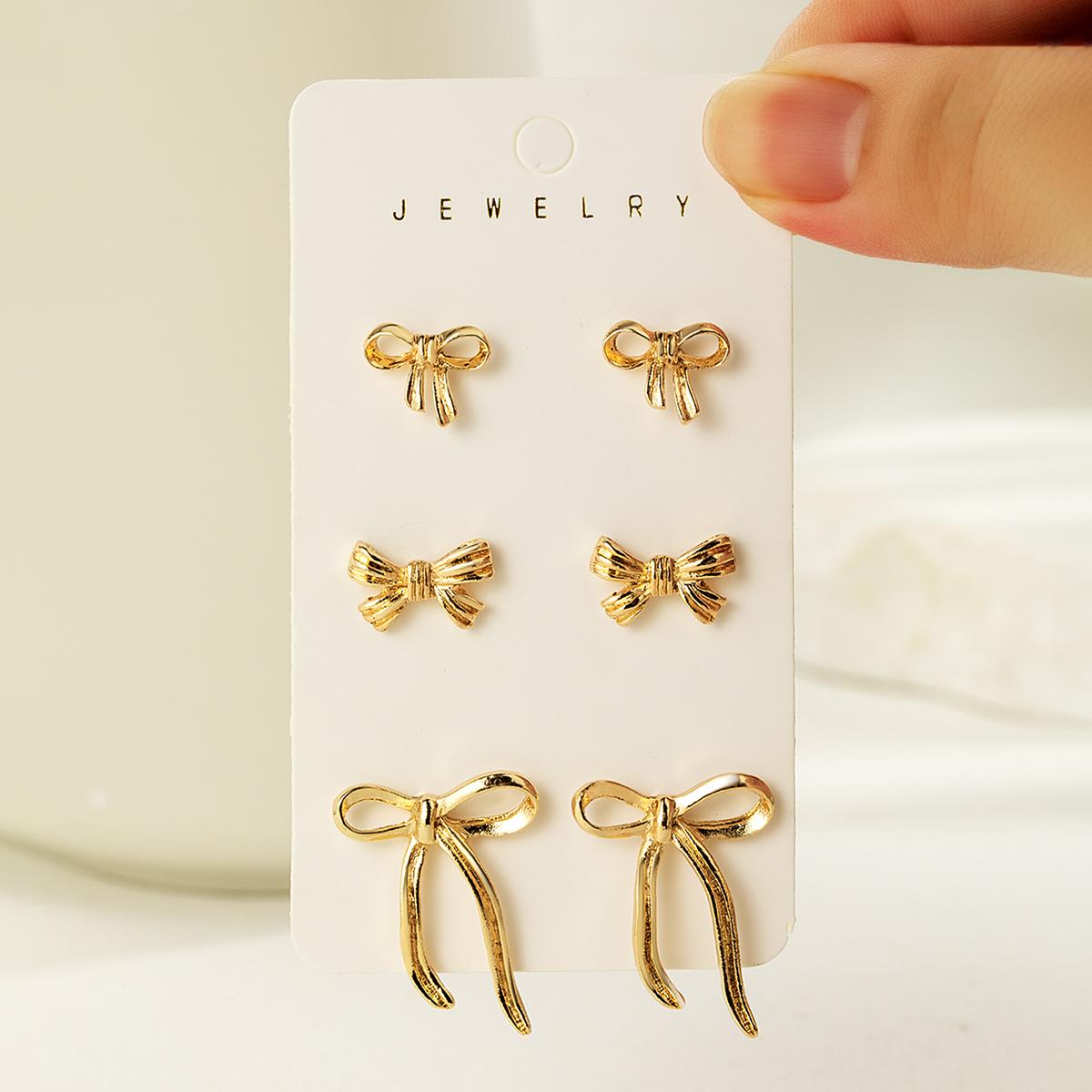 3 pairs of fashionable and elegant three-dimensional bow earrings, multi piece set of alloy women s earrings