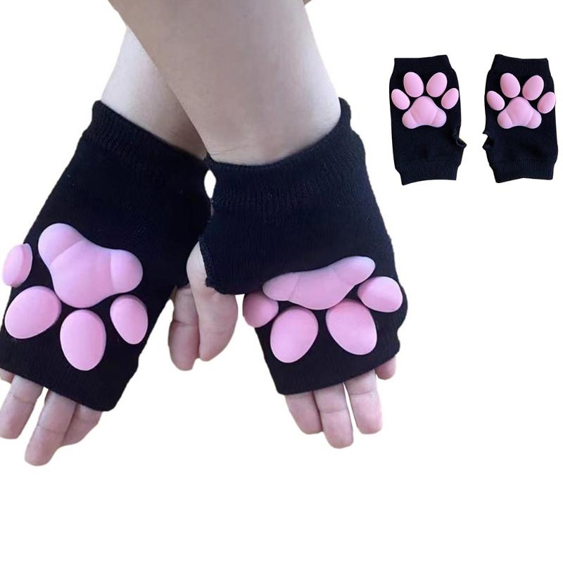 Silicone 3D Cats Claw Pad Mittens Fingerless Kitten Paw Gloves Halloween Cats Cosplay Mitten Knitted Lolita Hand S