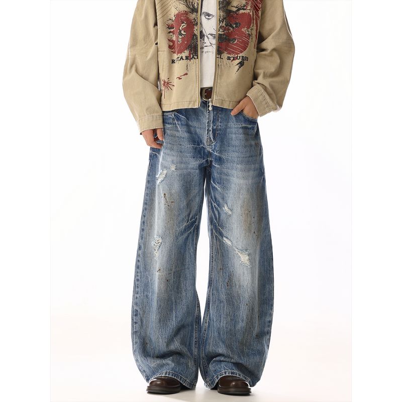 American Retro Loose Dirty-Dyed Distressed Jeans for Men and Women with Unique Design, Whiskered Casual Straight-Leg Wide-Leg Pants