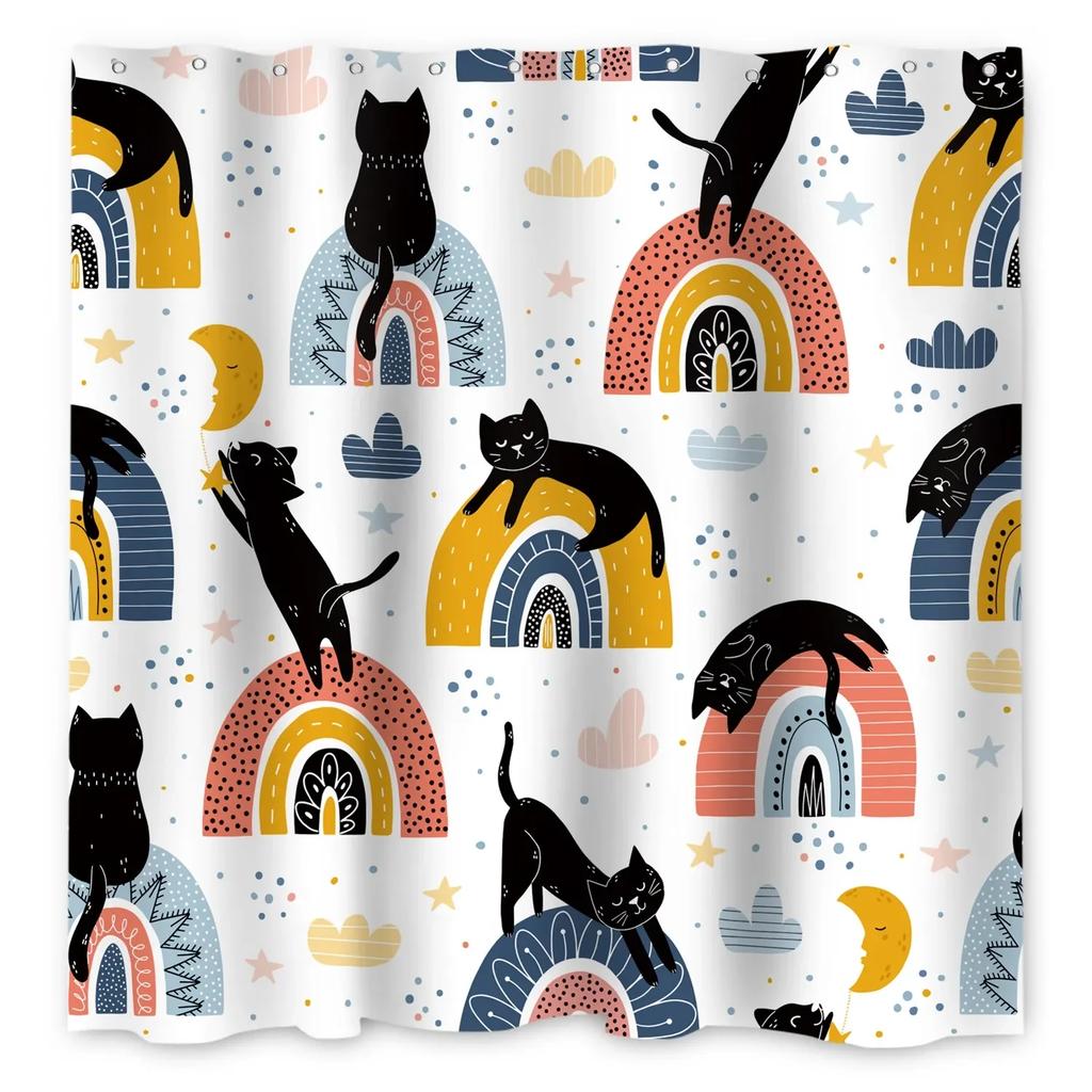 Funny Cat Shower Curtain Cartoon Cute Cats Dog Kids Shower Curtain for Bathroom Waterproof Polyester Home Decor Shower Curtains