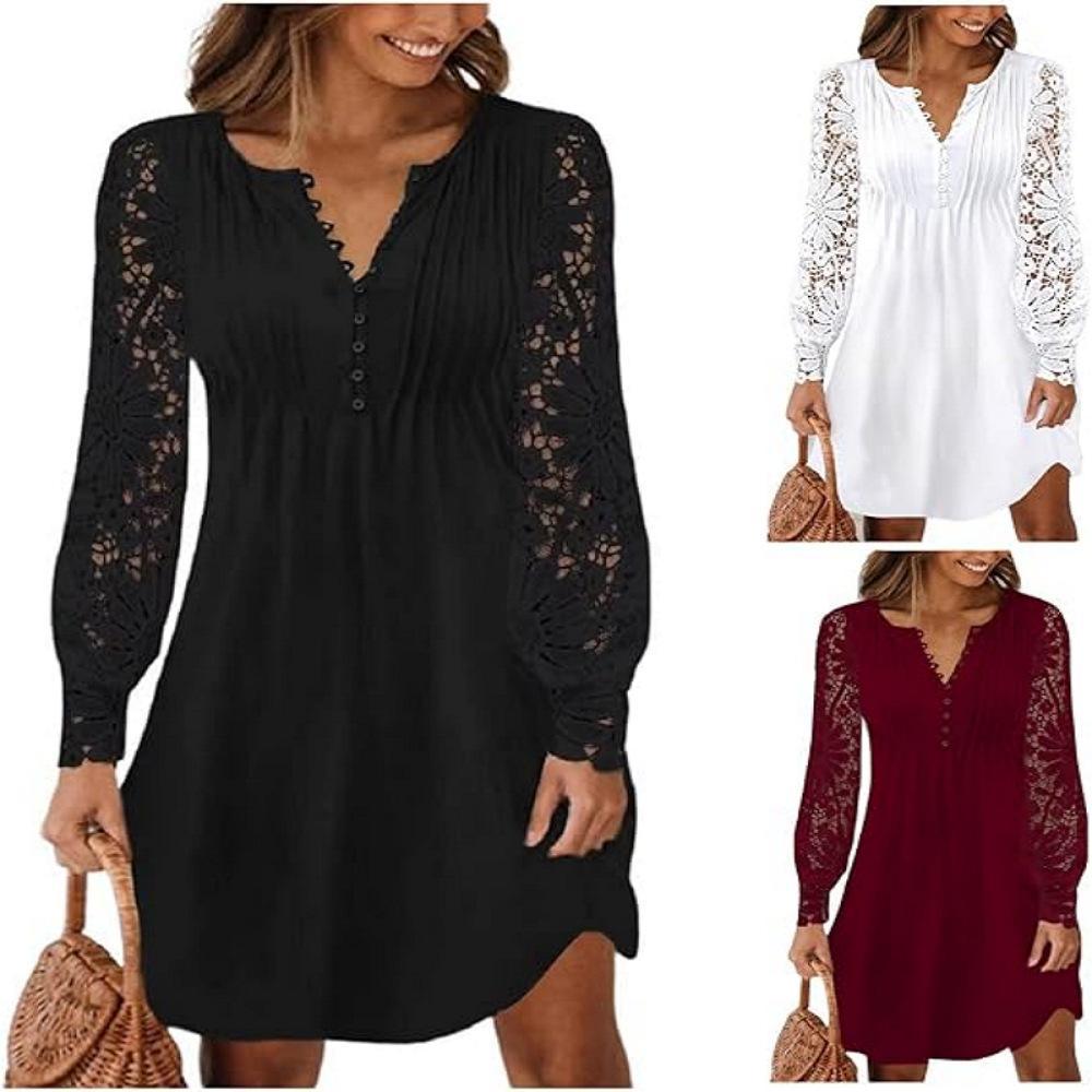 

Women s Black Lace Long Sleeve V-Neck Button Front Dress, Available in White and Wine Red 5XL бордовий