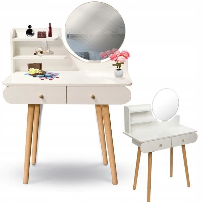 Coiffeuse En Bois Blanc Avec Miroir Et Tiroirs - 122x80x40 Cm