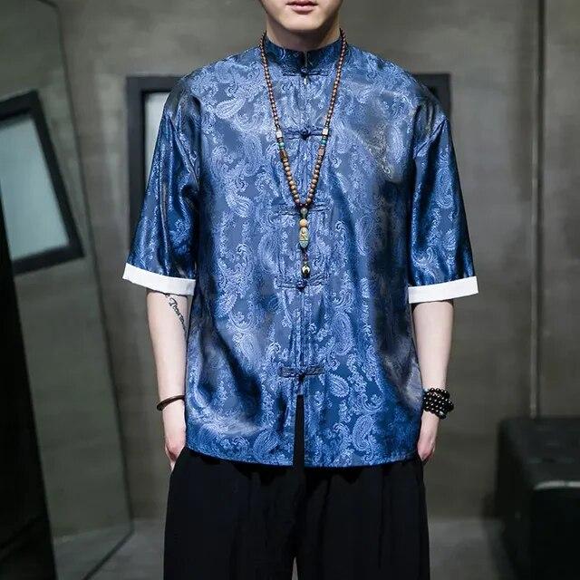 Summer Chinese Style Mens Tang Suit Fashion Solid Traditional Short Sleeve China StyleDragon Pattern Printing Shirt