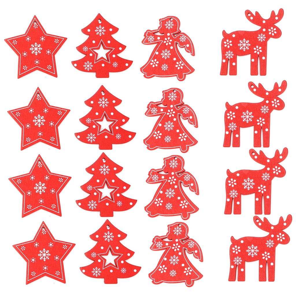 16Pcs Decorative Wood Chips Elk Star Angel Christmas Tree Wooden Hanging Ornaments with Twine