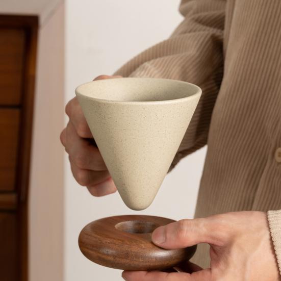 Vintage Coffee Mug Ceramic Conical Cup with with Wooden Handle & Saucer Stable Tea Mug Unique Gift