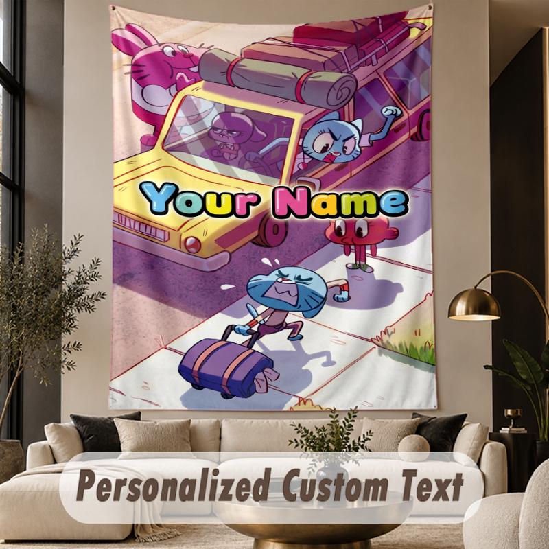 Custom Text Printed Tapestry Amazing World of Gumball Pattern Large Wall Hanging Indoor Room Decor