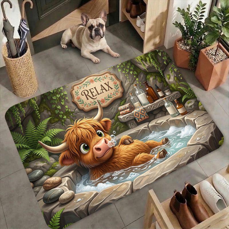 Scottish Highland Cow Relaxing Spring Non Slip Door Mat Floor Mat For Entryway Bathroom Kitchen Living Room