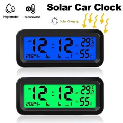 Digital Car Clock Solar/Battery Powered with Thermometer Hygrometer Temperature Date LCD Backlit Display Dashboard Automobile Stick-On Clock