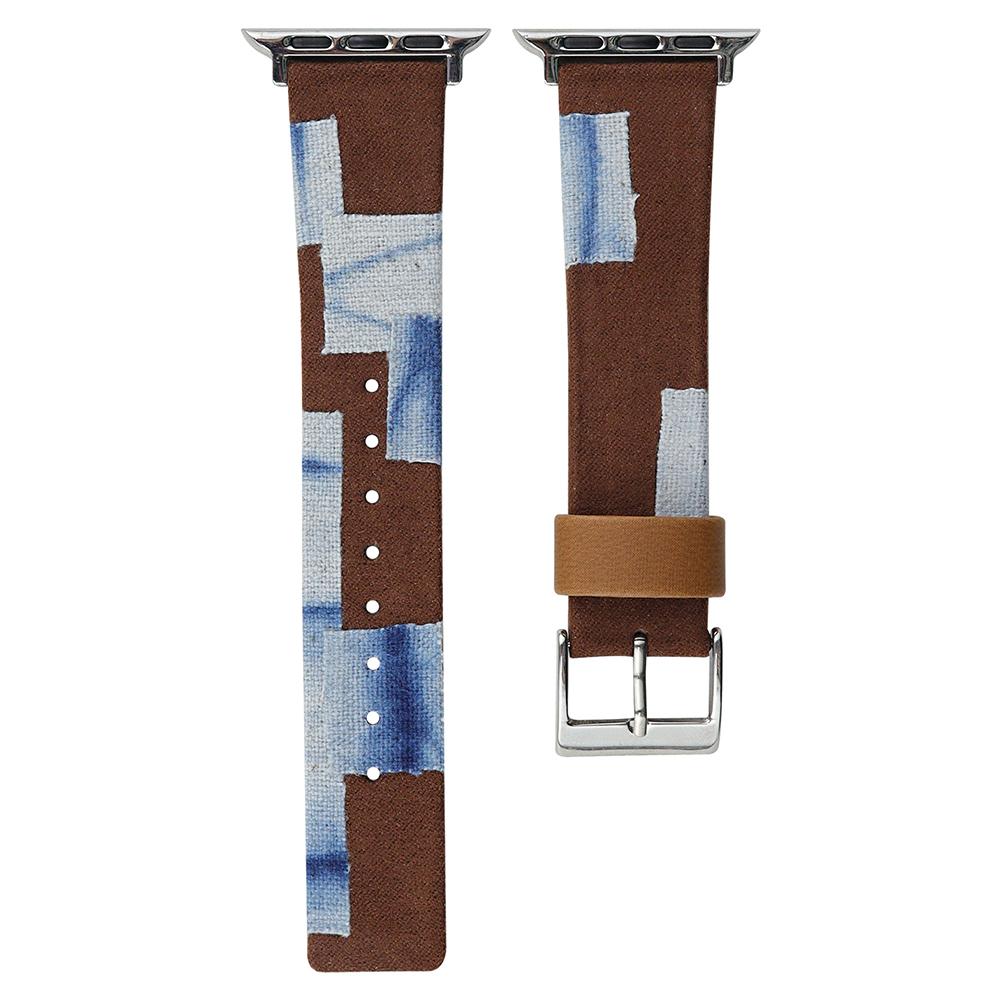 

For Apple Watch 10 46mm/Ultra 2/Ultra 49mm/9 8 7 45mm/SE (2023) SE (2022) SE 6 5 4 44mm/3 2 1 42mm Denim+PU Leather Wrist Band Blue Dyeing+Brown