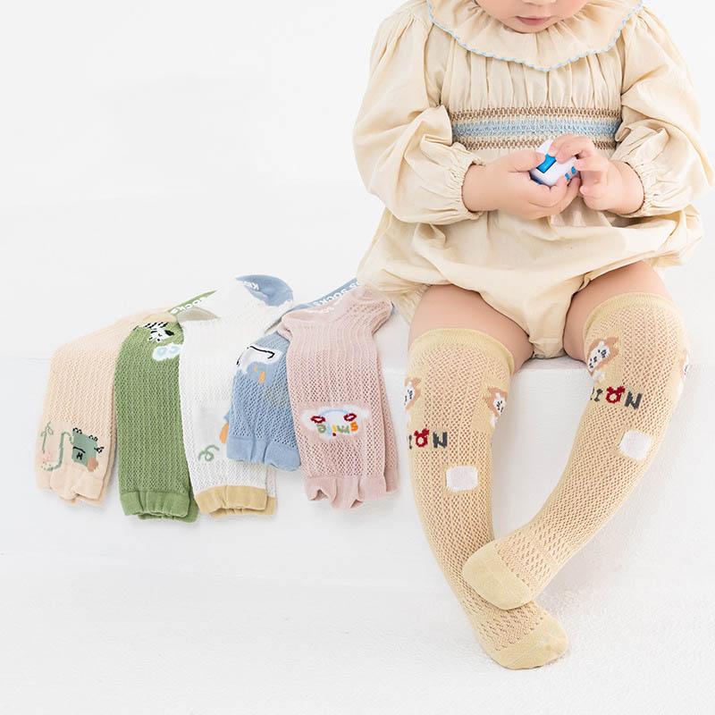 3Pairs/Lot Newborn Girls Long Mesh Socks Cool Thin Children Cotton Over Knee High Socks Summer Cartoon Print Non-slip Socks Pack