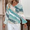 Women's Casual Fashion Ruffle V-Neck Pocket Retro Print Long Sleeve Top