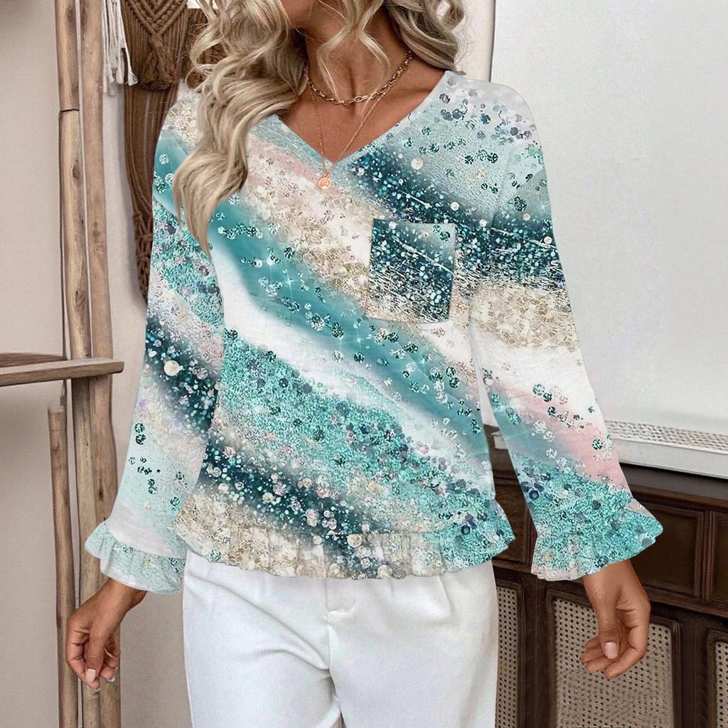 Women's Casual Fashion Ruffle V-Neck Pocket Retro Print Long Sleeve Top