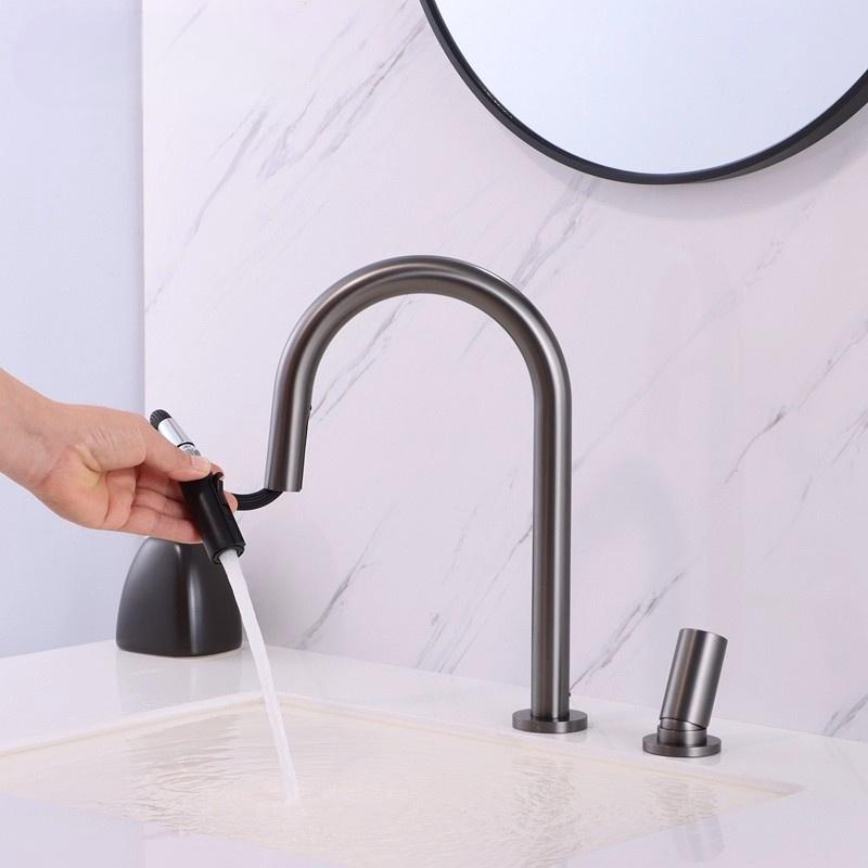 Nickel Ausziehbar Badezimmerarmatur Weitverteilte Waschbeckenarmatur Messing Spültischarmatur Ausziehbar Drehbar Auslauf Mischarmatur Heiß Kaltwasser Wasserhahn