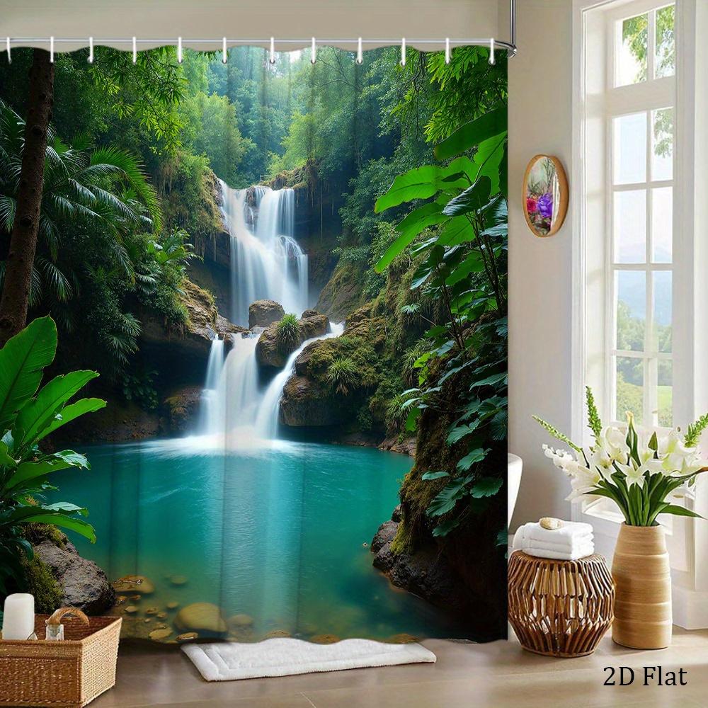 1 Stück ein Duschvorhang mit einem tropischen Wasserfallmotiv mit üppig grünen Pflanzen und plätscherndem Wasser, das in einen türkisfarbenen P
