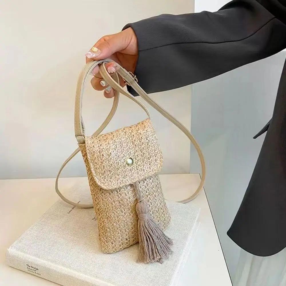 Elegant Woman Phone Pouch Weaving Crossbody Bucket Bag Casual Woven Beach Bag Beach
