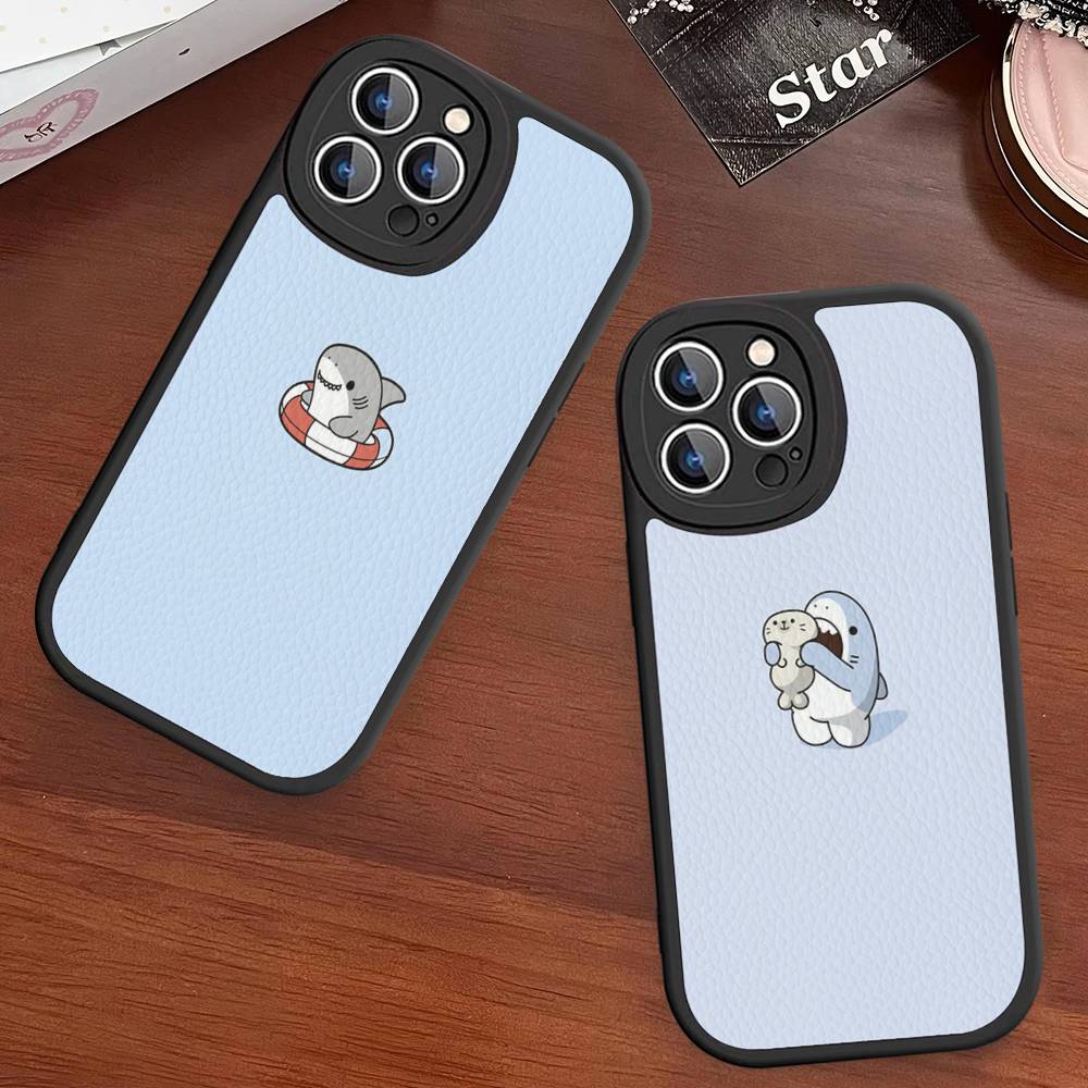 Cute anime Shark Leather Phone Case For iPhone 16 15 14 17 Pro Max 11 12 Mini Plus Soft Shell
