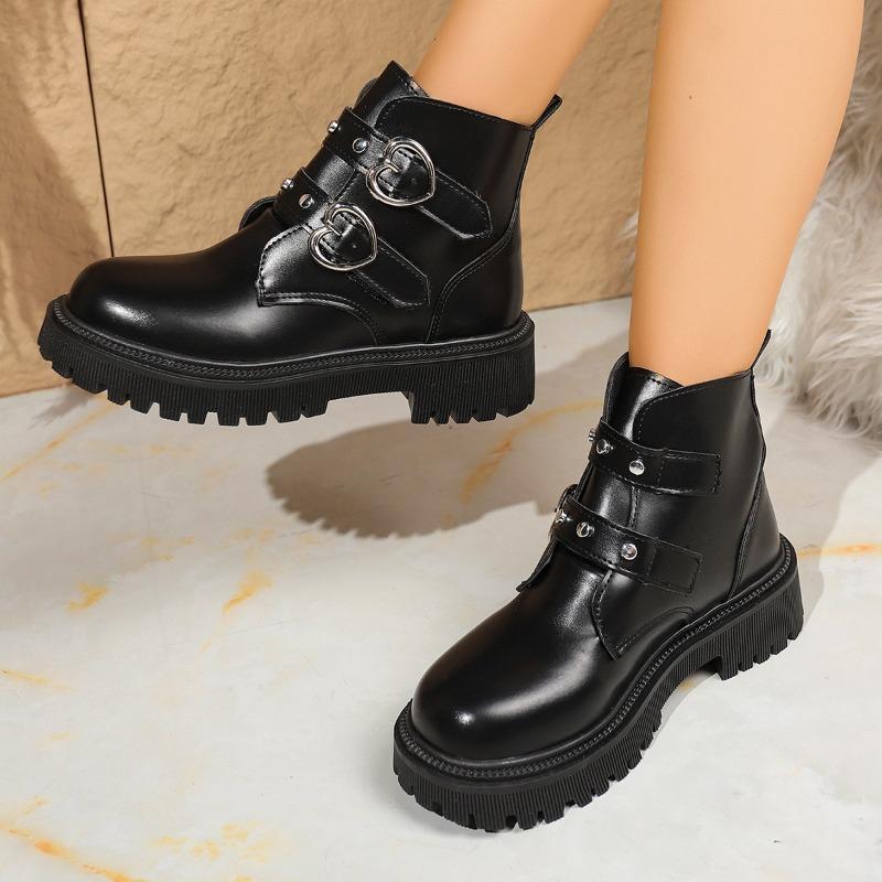 Fashion Platform Single Boots Autumn New Round Toe Metal Belt Buckle Soft Sole Anti-Slip Wear-Resistant Block Heel Booties