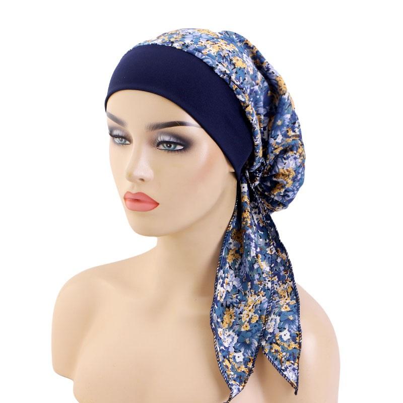 New Womens Pre-Tied Turban Cap Muslim Hijab Cancer Chemo Flower Print Hat Cover Hair Loss Head Scarf Wrap Strech Bandana