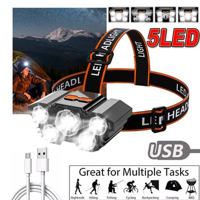 USB Rechargeable LED Headlamp 5 Lamp Beads 4 Modes Built-in Rechargeable Lithium Battery Lightweight Headlight Elastic Headband