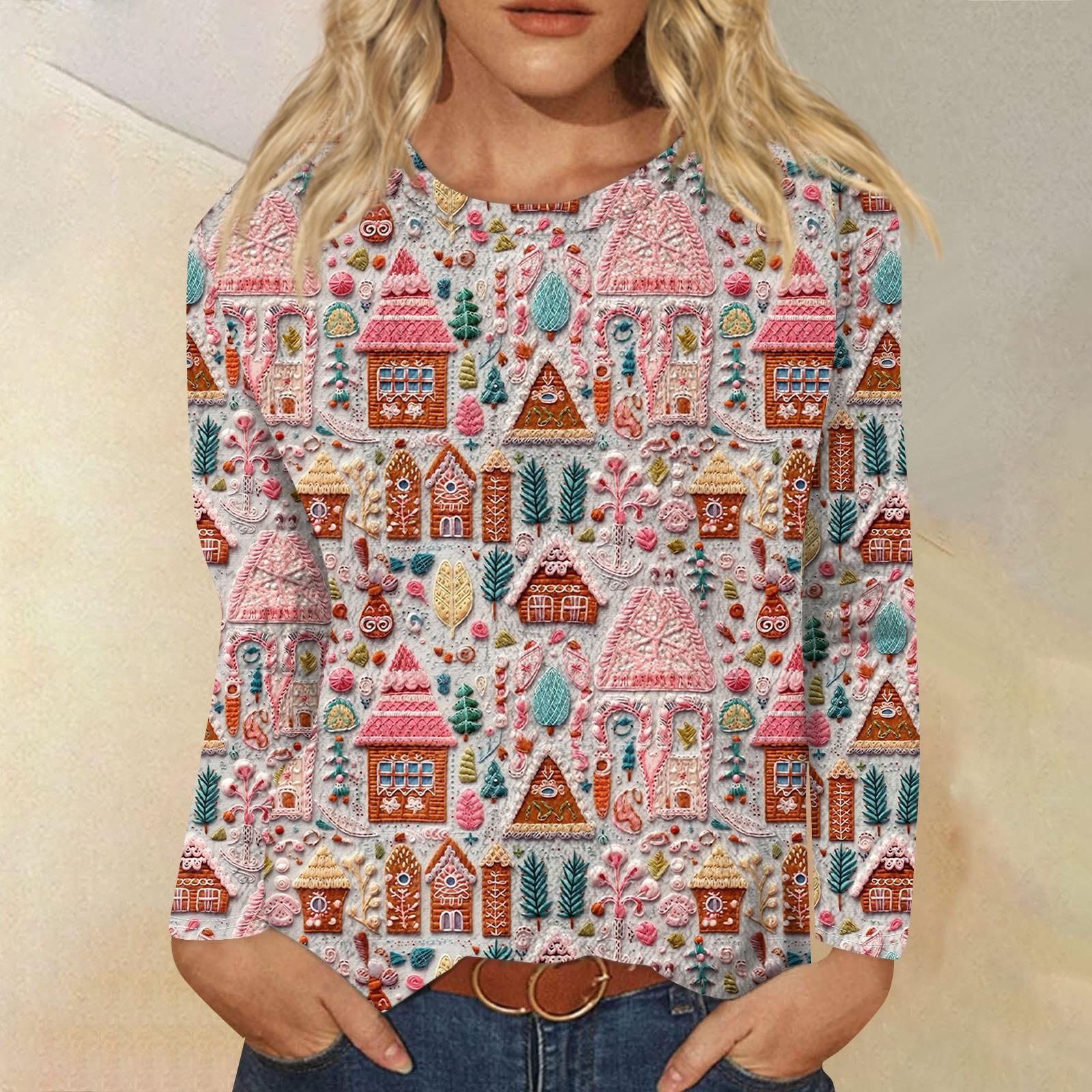 

Женская модная повседневная фланелевая футболка с длинными рукавами и рождественским принтом, с круглым вырезом, фланелевый топ S