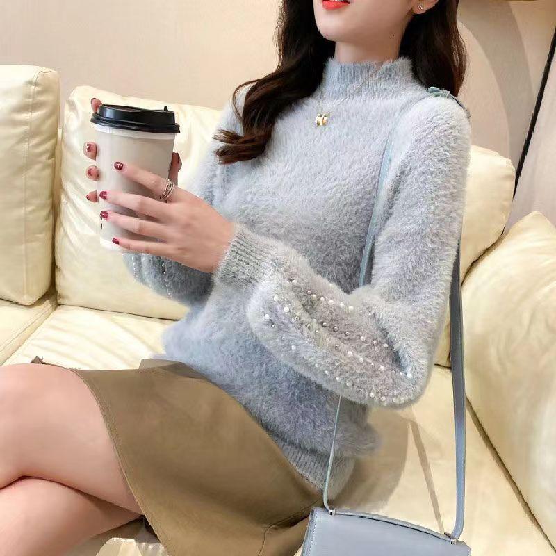 Half Turtleneck Mohair Sweater Women's Autumn and Winter Long-sleeved All-match Slim Pullover Knitted Top
