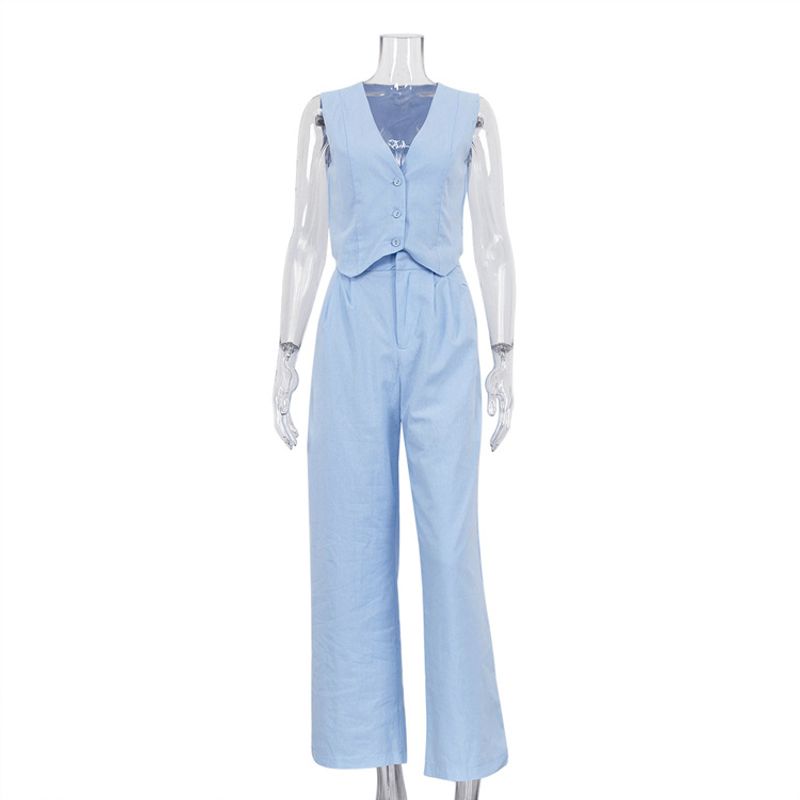 Sleeveless V-neck Vest Pants Set Casual Sleeveless V-neck Vest Solid Trousers Set