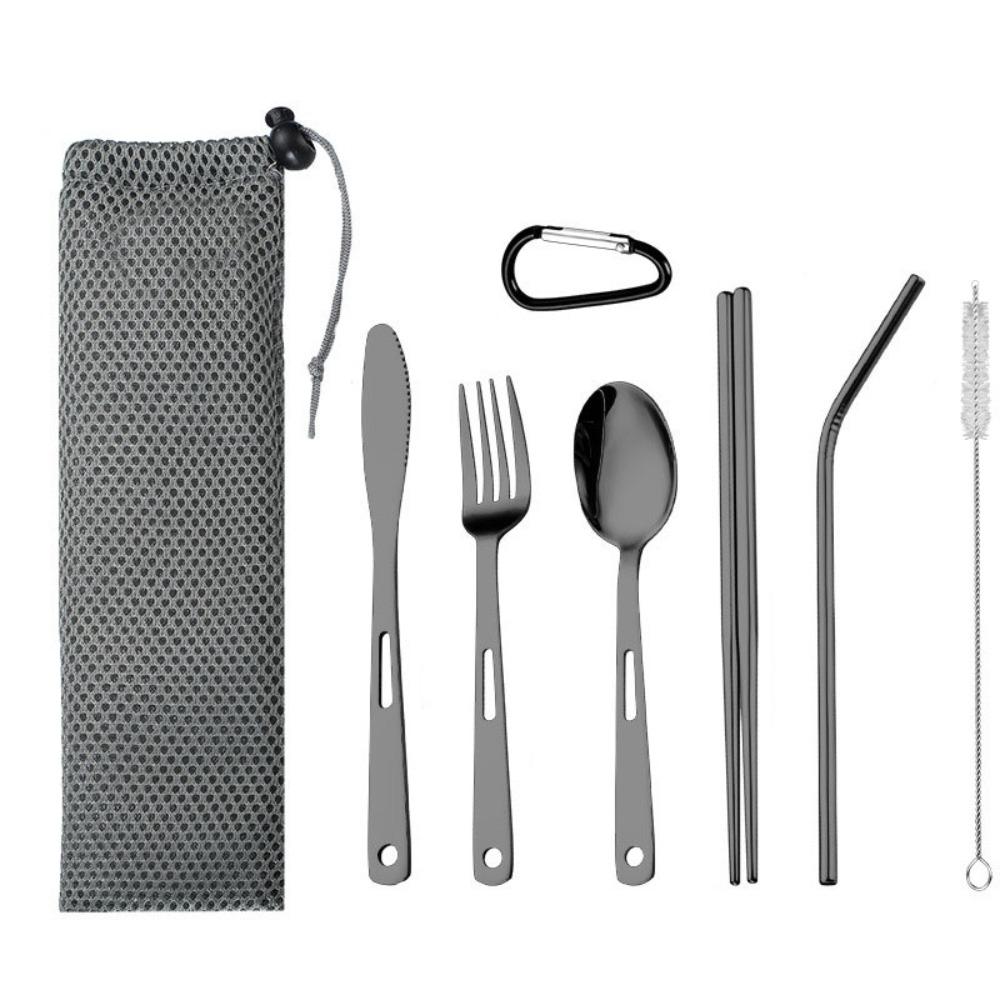 Black/Silver Camping Cutlery Set Stainless Steel Spoon Fork Set Flatware Set  Outdoor