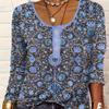 Women's V-Neck Casual Ethnic Style Printed Button Large Size Women's T-Shirt
