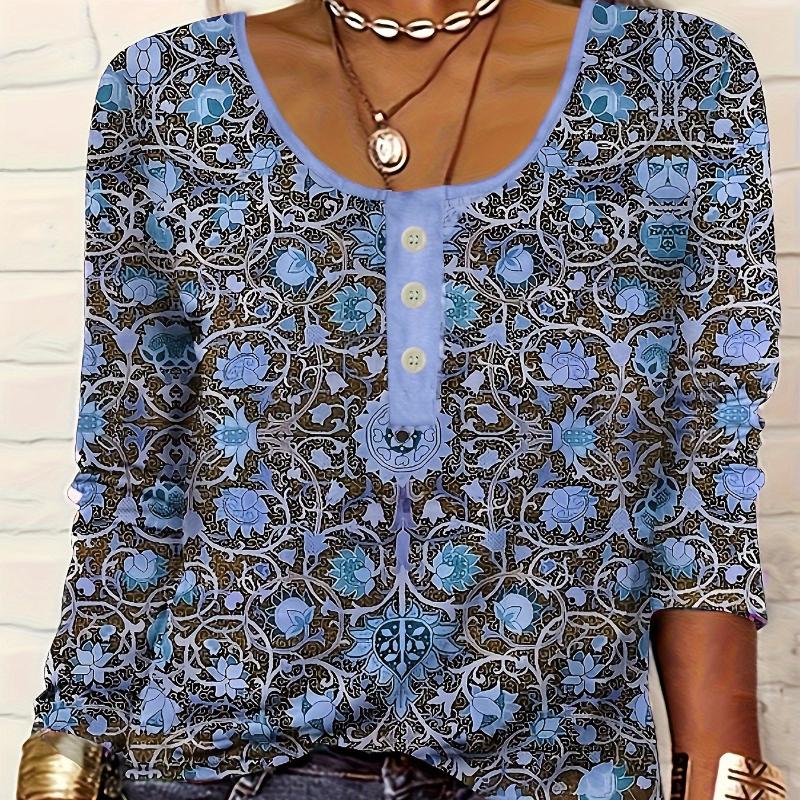 Women's V-Neck Casual Ethnic Style Printed Button Large Size Women's T-Shirt