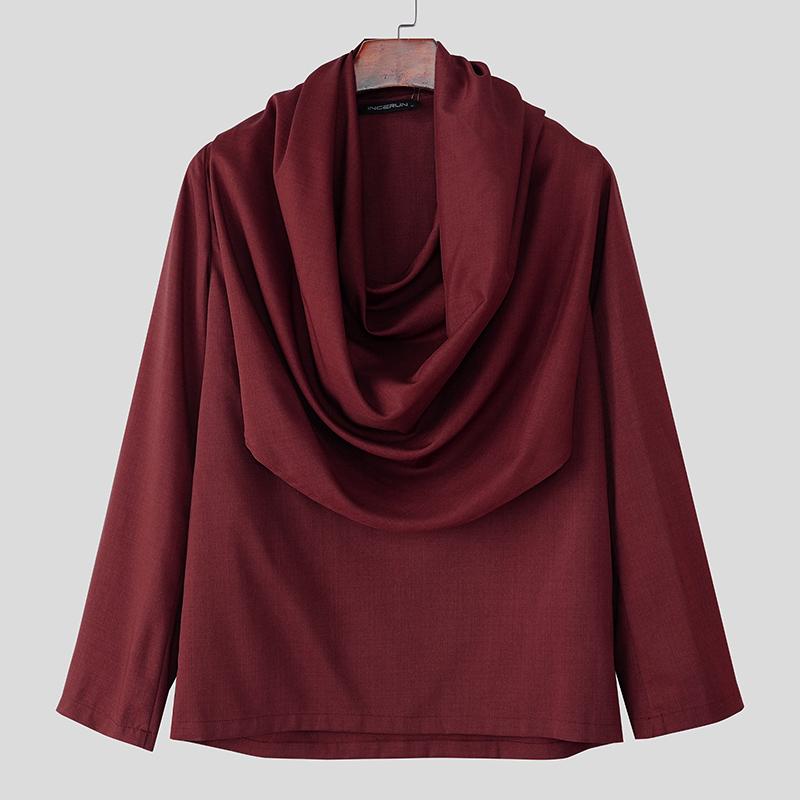 

INCERUN Spring Men Swing Collar Low Cut Long Sleeve Casual Loose Solid Shirts Tops 3XL вино красного