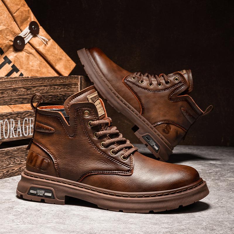 

Winter leather Martin boots men s heightening retro British high-top tooling shoes men s high-end mid-top flip men s shoes 44 коричневий