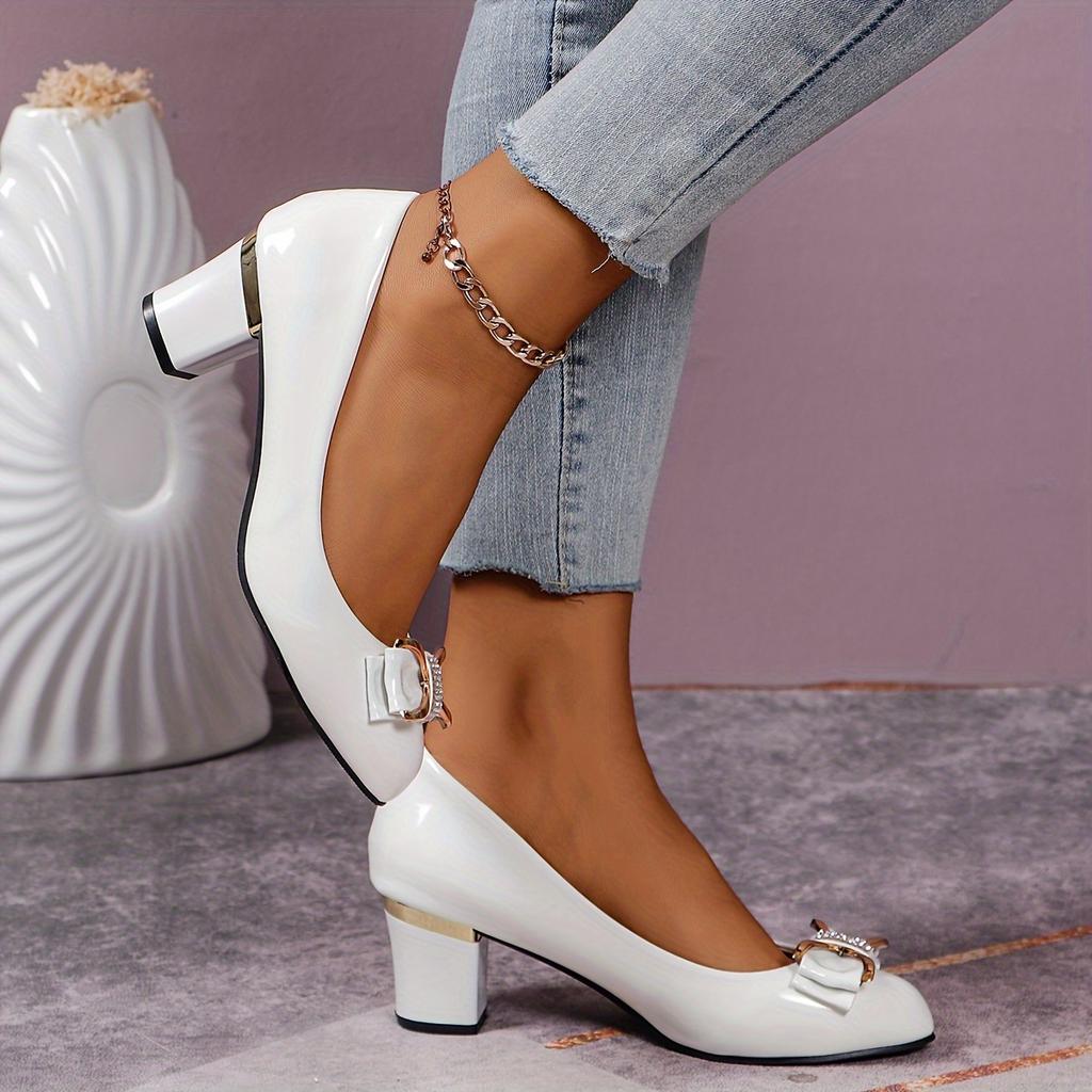 Fashionable Ribbon Detail Women’s Shiny Black Block Heel Pumps 2025 -All-Season Lightweight Synthetic Round Toe with Comfortable
