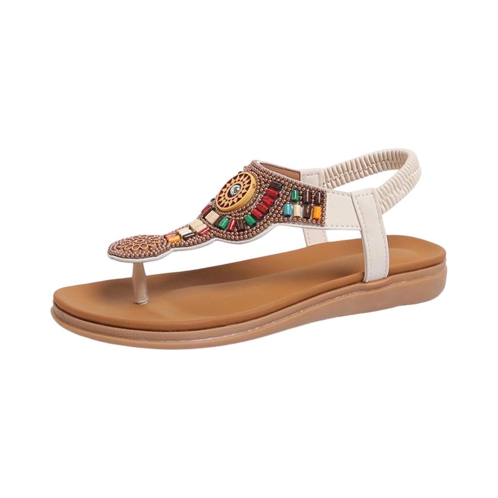 Large size rhinestone herringbone clip toe thick bottom ethnic elastic band bead beach sandals