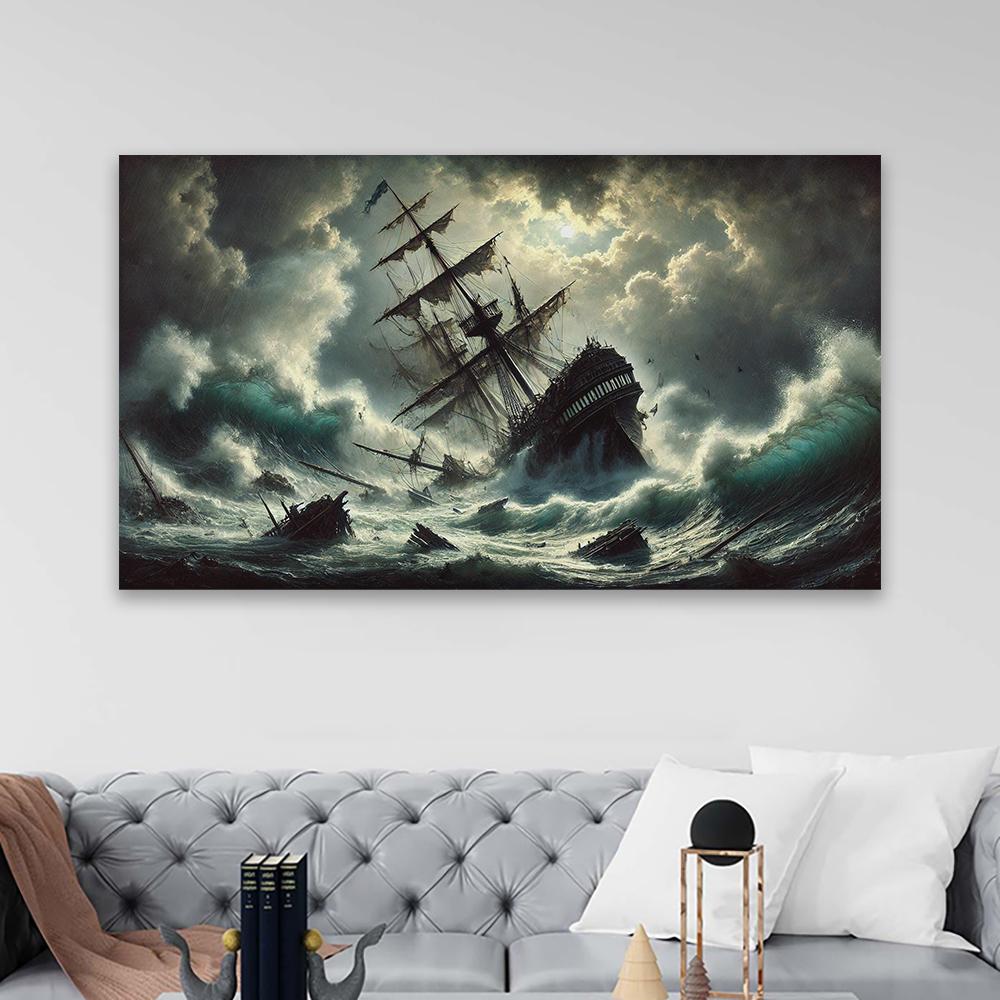 Vintage Large Size Painting Shipwreck Art Ocean Storm Shipwreck Art Print Poster Living Room Wall Canvas Painting Gallery Decor