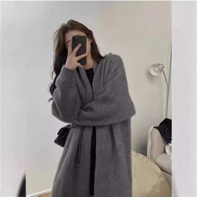 YUNSHU Korean Style Loose Knit Cardigan - Women's Medium To Long Lazy Fit Sweater for Spring and Autumn