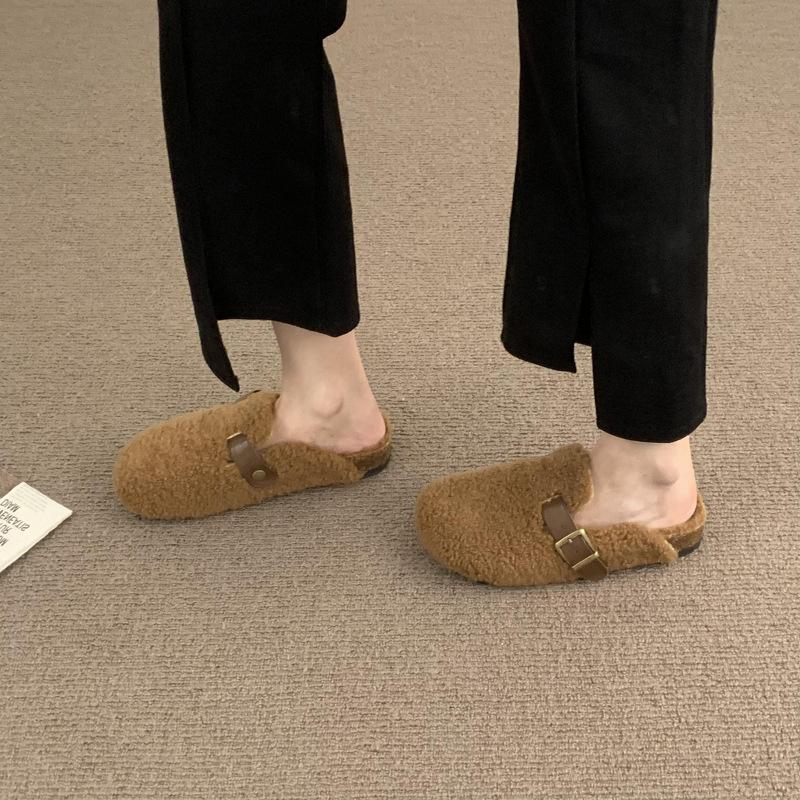 Fashion Mao Mao Flat Slippers 2024 Autumn/Winter New Style One Step Stepping Baotou Cotton Slippers Simple Outerwear Women's Shoes